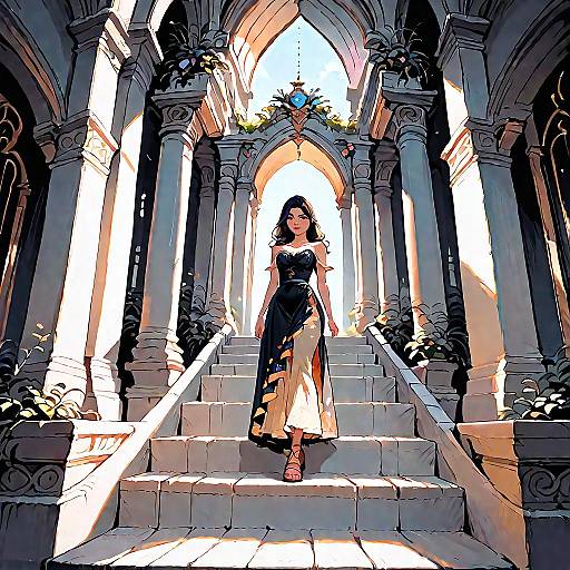 Woman Descending Elegant Stone Staircase