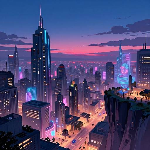 Digital illustration of a neon-lit, futuristic cityscape at dusk, with towering skyscrapers, vibrant blue, pink, and purple lights, and