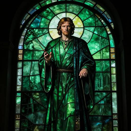 Photograph of a stained glass window depicting a solemn, bearded man in a green robe, holding a staff, surrounded by vibrant green and blue glass