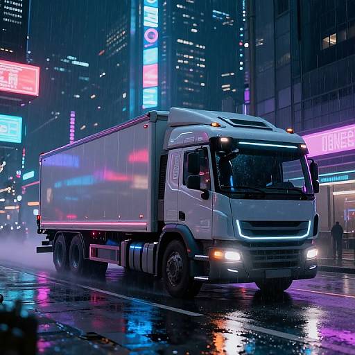 Neon-lit cyberpunk city street at night, white semi-truck with glowing blue accents driving through rain on wet pavement. Bright colorful billboards