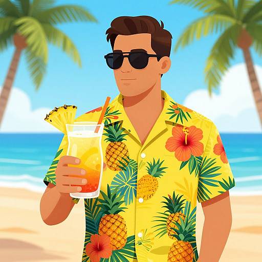 Digital illustration of a tan-skinned man with brown hair, wearing black sunglasses and a yellow pineapple-patterned shirt, holding a pineapple drink on a sunny