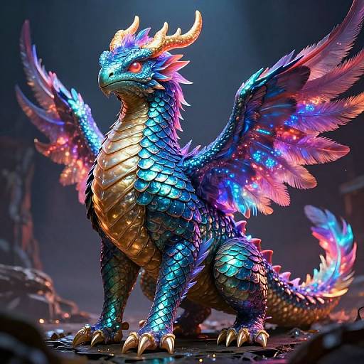 Digital art of a vibrant, blue-scaled dragon with glowing neon wings, golden underbelly, and red horns, standing majestically in a