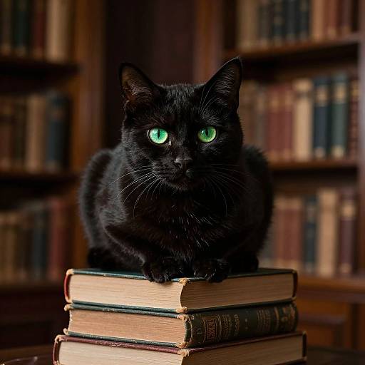 Photograph of a black cat with vivid green eyes, sitting on a stack of old, worn books in a dimly lit library.