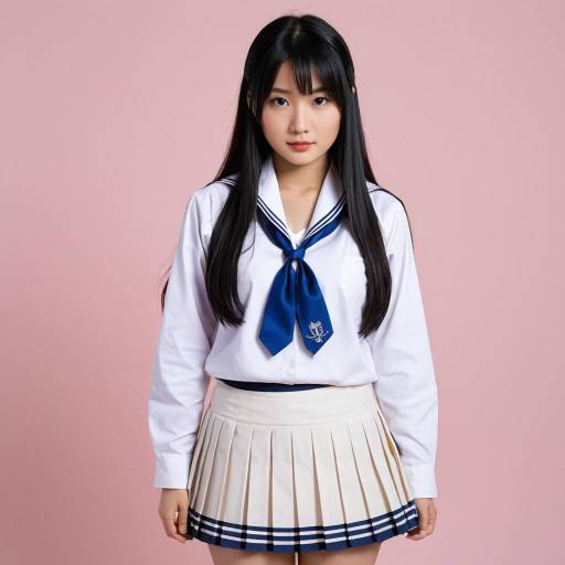 Asian Girl in School Uniform with Blue Ribbon