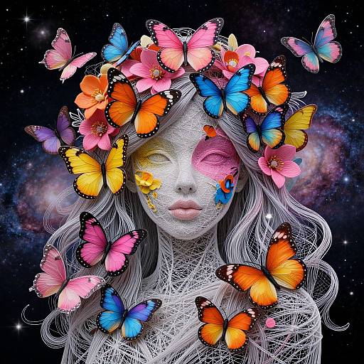 Digital artwork of a white wireframe woman with long silver hair, colorful butterfly flowers on her head, vibrant butterfly wings, and cosmic background. Face features