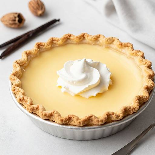 Photograph of a golden-yellow pie with a crumbly crust, topped with a dollop of white whipped cream, on a white surface.