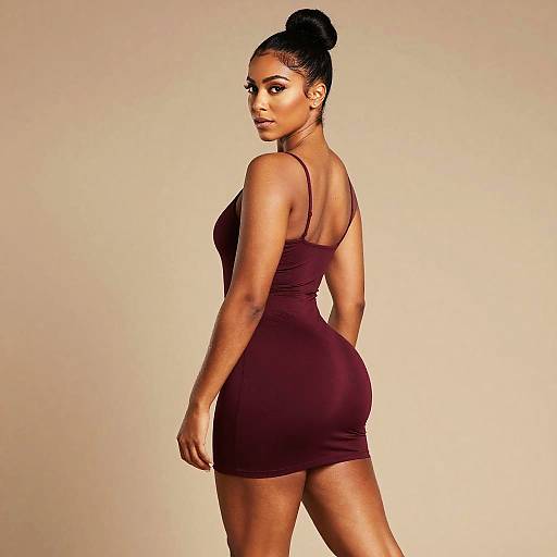 Photograph of a curvy, dark-skinned woman with a high bun, wearing a tight, maroon mini dress, looking over her shoulder against