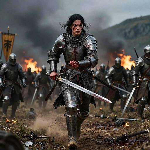Photograph of a fierce, dark-haired warrior in silver armor, charging forward with sword in hand amidst a battlefield of burning flames and smoke, surrounded by