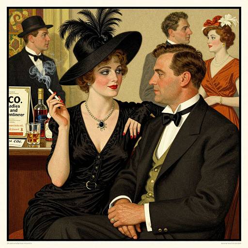 Vintage illustration of a flapper woman in a black dress and feathered hat, smoking, with a suited man, surrounded by elegantly dressed people in