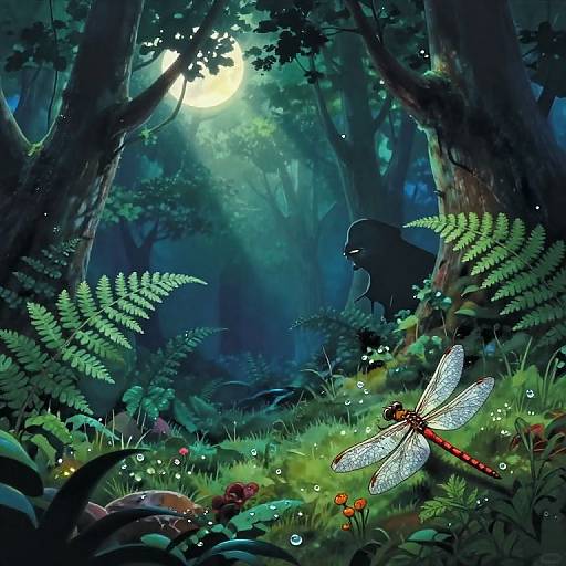 Digital illustration of a moonlit forest with a glowing dragonfly, ferns, small flowers, and a shadowy figure among tall trees.