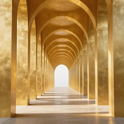 Golden, archway corridor with symmetrical, repeating arches leading to a bright, sunlit exit. Photorealistic digital artwork emphasizing light and perspective