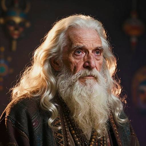 Photograph of an elderly man with a long, flowing white beard and wavy hair, wearing a dark, ornate robe, illuminated from the side