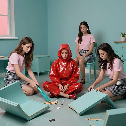 Women in Teal Room with Dismantled Furniture