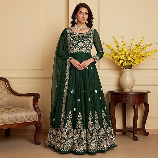Photograph of a South Asian woman in a green, gold-embroidered traditional lehenga, standing in an elegant room with yellow flowers, wooden