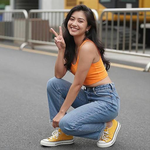 Asian Woman in Streetwear Peace Pose