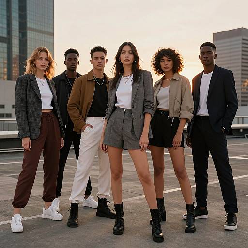 Photograph of five diverse, stylish individuals standing on a rooftop at sunset, wearing modern, urban outfits with jackets, shorts, and boots.