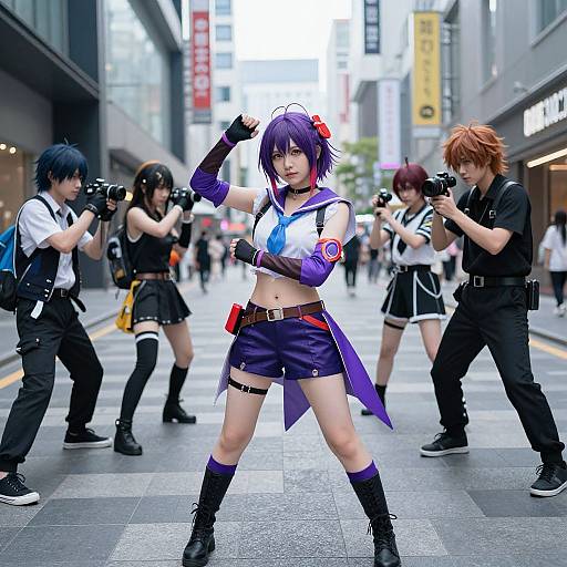Photograph-style CGI of a purple-haired anime girl in a sailor-style cosplay, posing confidently in a bustling urban street, surrounded by photographers in black outfits