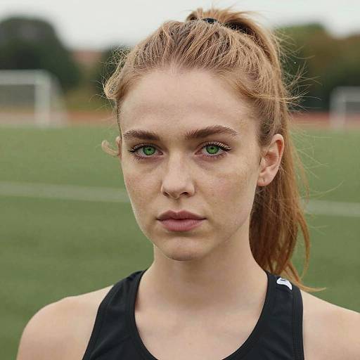 Photograph of a young, fair-skinned woman with green eyes, light brown hair in a ponytail, wearing a black sports tank top, standing