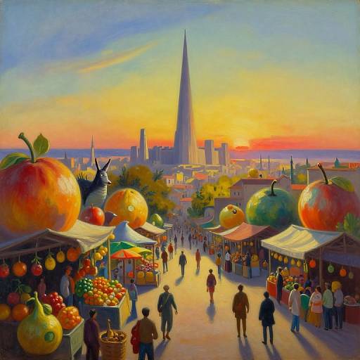 Surreal Cityscape with Tower and Market