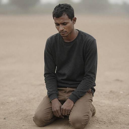 Pensive Man Kneeling on Dusty Ground