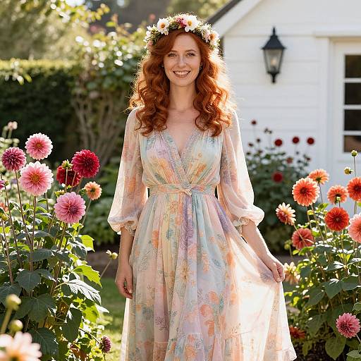 Photograph of a smiling red-haired woman with a flower crown, wearing a pastel floral dress, standing in a sunlit garden with blooming dah