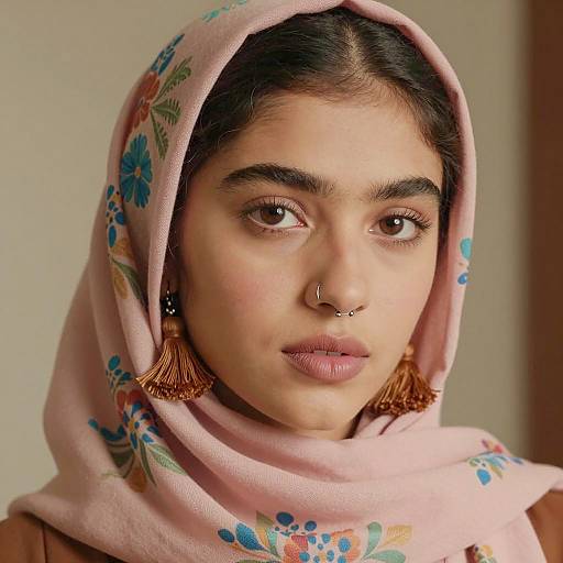 Young Woman in Floral Pink Headscarf