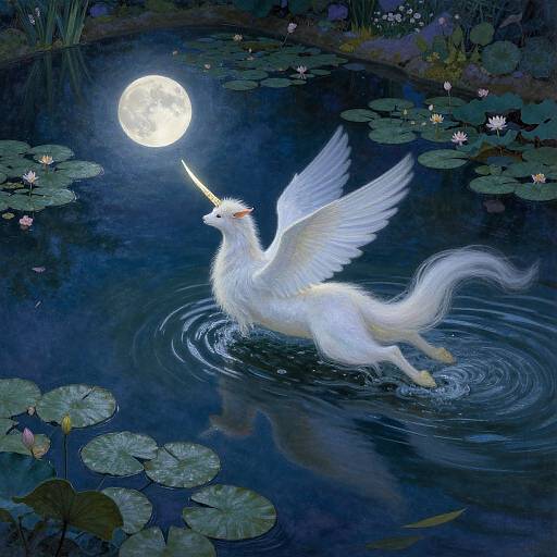 A luminous white winged unicorn with a unicorn horn touches a glowing full moon over a dark, lily-pad-covered pond.