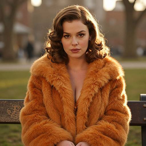 Photograph of a fair-skinned woman with curled brown hair, wearing an orange fur coat, sitting on a park bench, sunlight casting a warm glow