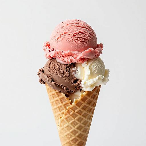 Photograph of a triple-scoop ice cream cone with pink, chocolate, and white ice cream on a waffle cone against a white background.