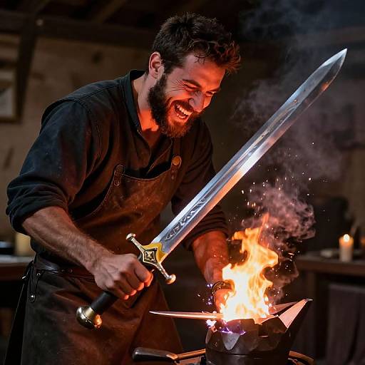 Photograph of a bearded blacksmith smiling while sharpening a sword over a fiery forge, wearing a dark apron, in a dimly lit