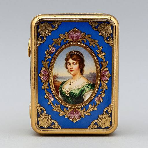 Vintage-style portrait brooch with a blue background, gold floral frame, and oval portrait of a woman in green and white dress.