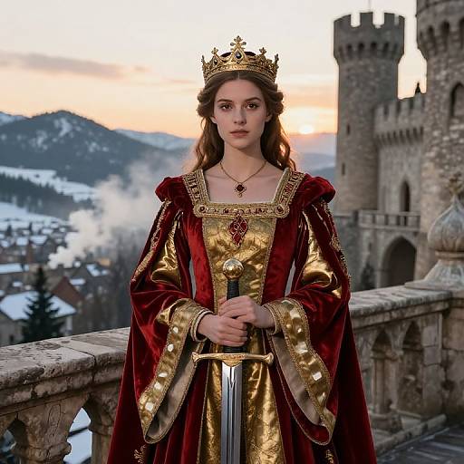 Photorealistic digital art of a young, fair-skinned woman with brown hair, wearing a gold and red medieval queen's gown, crown, and