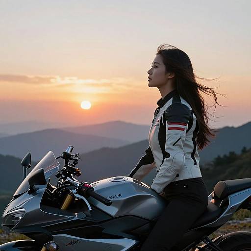 Photograph of a young woman with long brown hair, wearing a white and black jacket, riding a black motorcycle at sunset, with mountain ranges in the