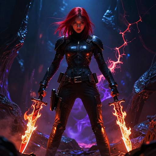 Digital artwork of a fierce, red-haired warrior with glowing swords, black armor, and intense expression, standing in a dark, neon-lit, rocky