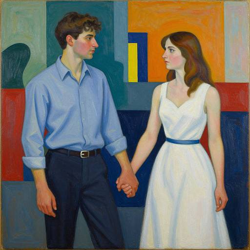 Oil painting of a young couple holding hands, man in blue shirt and black pants, woman in white dress, colorful abstract background.