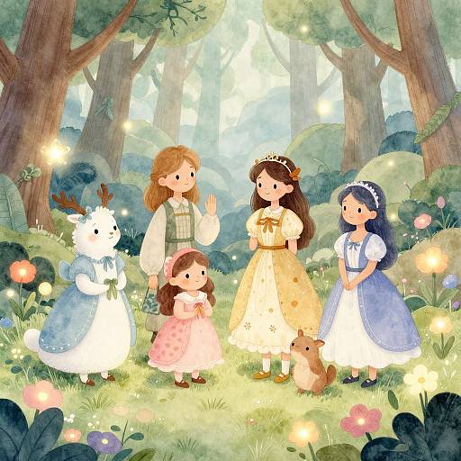 Whimsical forest scene with four fairy-tale girls in colorful dresses, surrounded by glowing fireflies, rabbits, and vibrant flowers. Digital illustration.