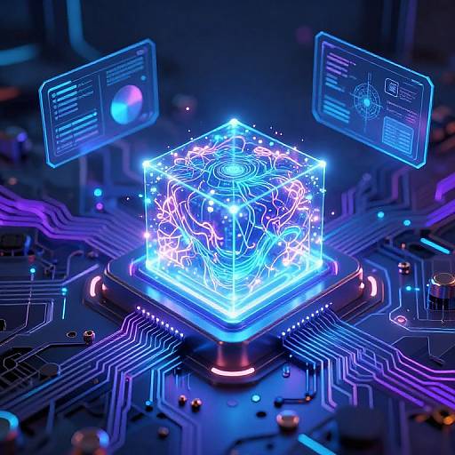 Digital CGI of a glowing, neon-blue holographic cube with intricate circuit patterns, floating above a neon-lit circuit board with two floating holographic screens