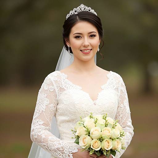 Photograph of a smiling bride with dark hair in an updo, wearing a lace white wedding dress, tiara, veil, holding a white rose