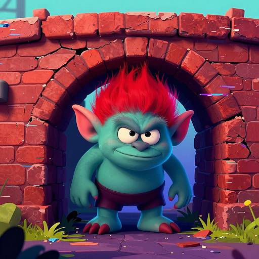 CGI illustration of a green, chubby goblin with bright red spiky hair, large ears, and angry eyes, standing in a broken brick arch
