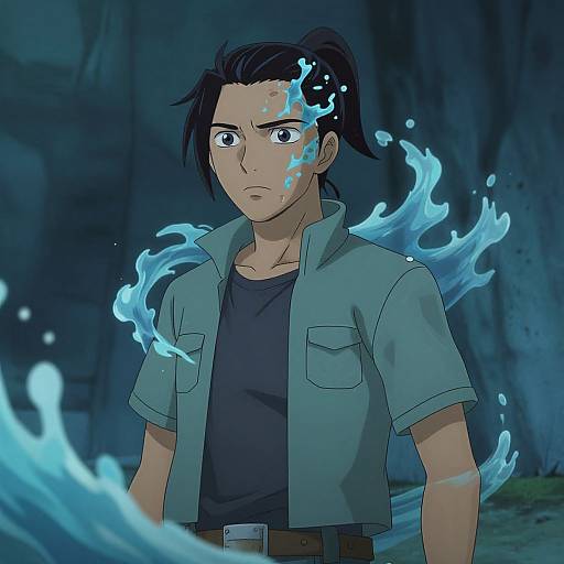 Anime-style digital drawing of a serious young man with black hair, blue eyes, and blue water elemental aura, wearing a green shirt and black t-shirt