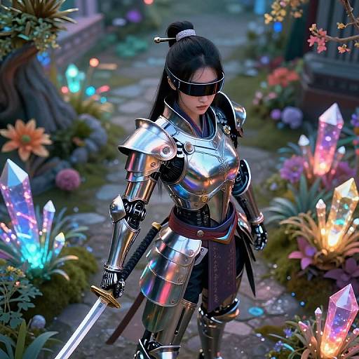 Digital fantasy artwork of a blindfolded Asian woman in shiny silver armor, holding a sword, surrounded by glowing crystals and colorful flowers in a mystical garden