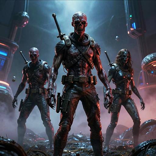CGI sci-fi image of three armored, skeletal humanoid warriors with swords and guns, standing in a futuristic, smoky, neon-lit battlefield.