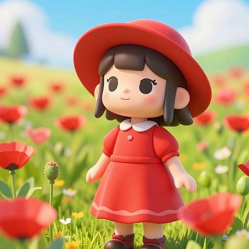 Little Girl in Red Dress in Poppy Field