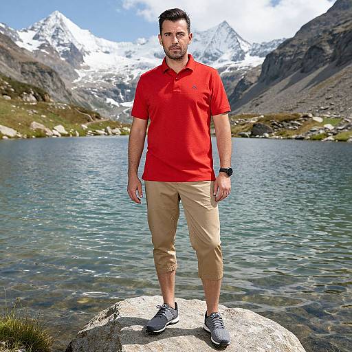 Photograph of a bearded man in a red polo and beige capris, standing on a rock by a clear mountain lake with snow-capped peaks