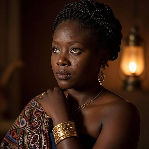 Photograph of a dark-skinned African woman with braided hair, wearing colorful traditional attire, gold jewelry, and looking contemplatively at a softly lit