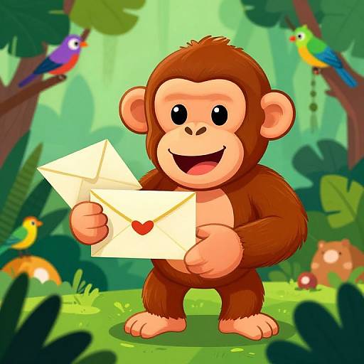 Cartoon monkey with brown fur, holding white envelope with red heart, smiling in vibrant jungle, colorful birds in background.