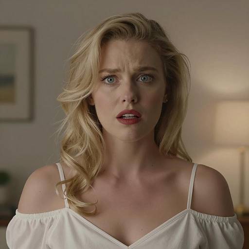 Surprised Blonde in Dimly Lit Room