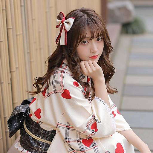 Young Woman in Heart Patterned Kimono