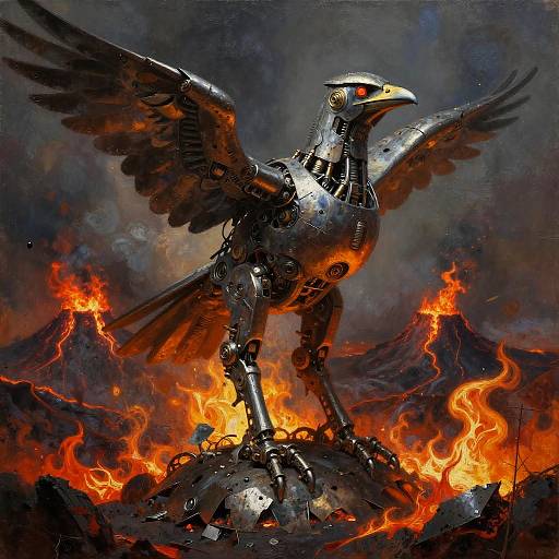 Digital painting of a robotic, metallic bird with glowing red eyes, standing on a rocky cliff amidst fiery volcanoes in a dark, smoky sky.