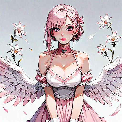 Digital anime-style drawing of a pink-haired woman with white angel wings, pink dress, flower hairpin, and lilies in background.